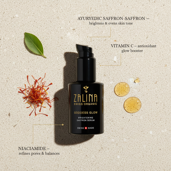 Goddess Glow Saffron Serum ingredient flatlay with saffron threads on beige stone