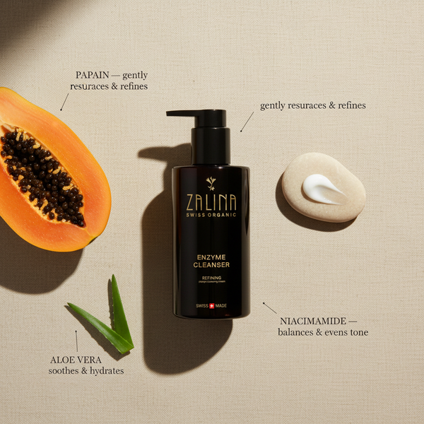 Enzyme Cleanser ingredient flatlay with papaya and aloe vera on beige