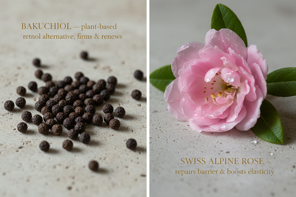 Bakuchiol seeds and Swiss Alpine Rose hero ingredient macro close-up